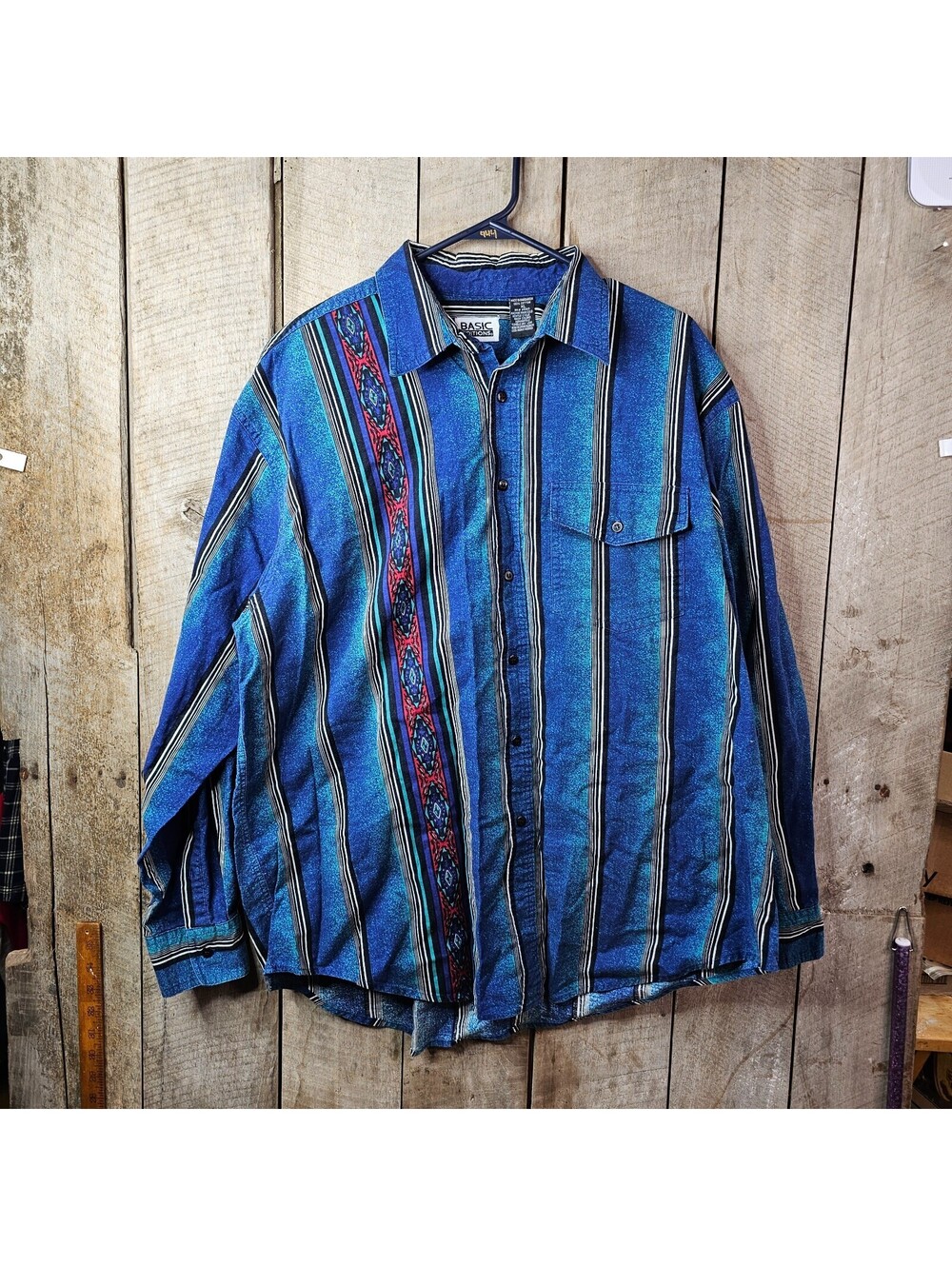 Basic Editions XL Blue Southwestern Stripe Button Front Long Sleeve Shirt Cotton